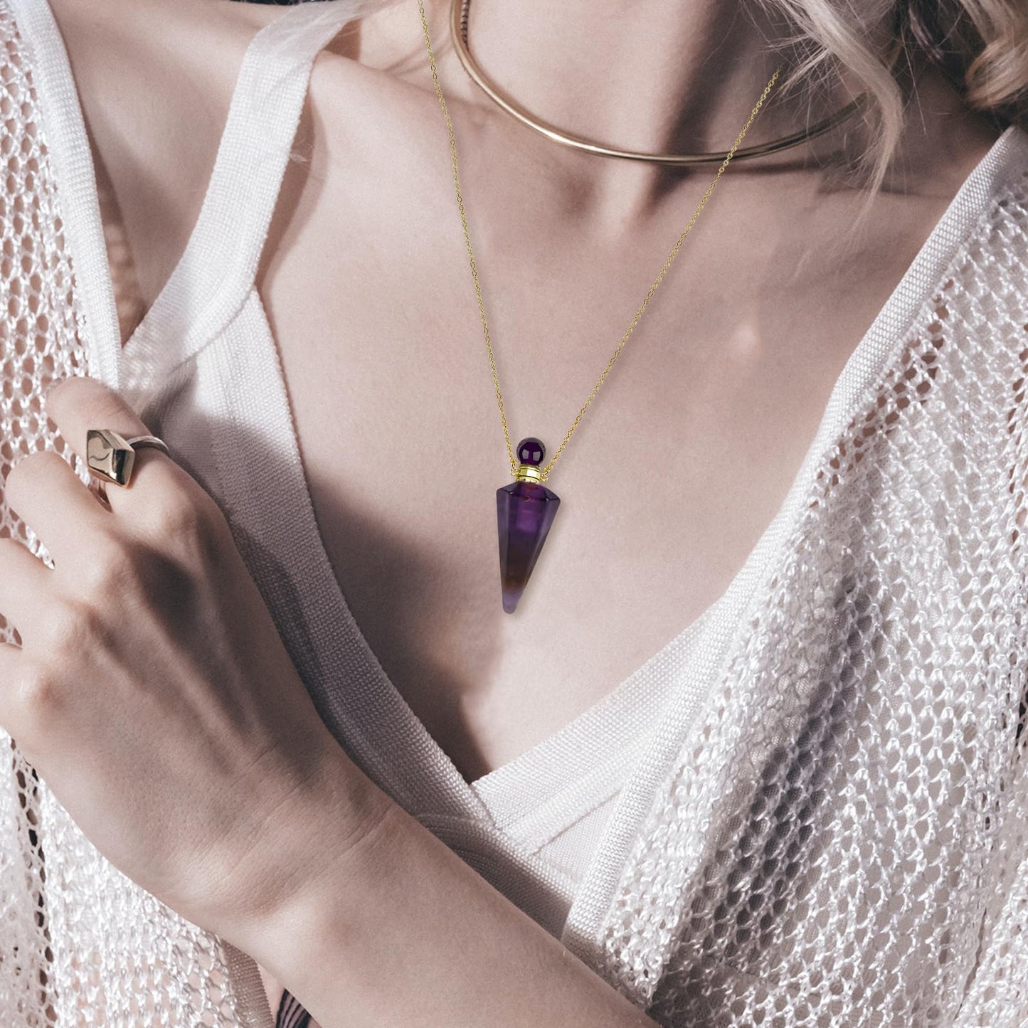Biiange Perfume Bottle Necklace Diamond Shape, Pink Perfume Bottle Necklace, Essential Oil Diffuser Necklace, for Womens Perfume Vial Pendant Necklace Jewelry Unique Gift (Purple)