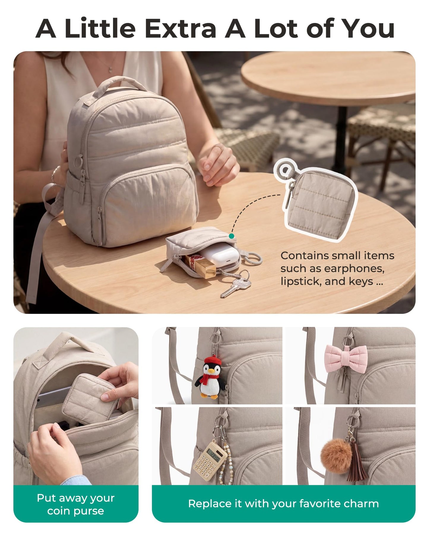 BAGSMART Small Backpacks for Women, Lightweight Puffer Mini Backpack Purse with Pouch, Quilted Casual Daypack, Water-Resistant Bookbag for Daily Travel College, 2-in-1 Set, Latte Brown