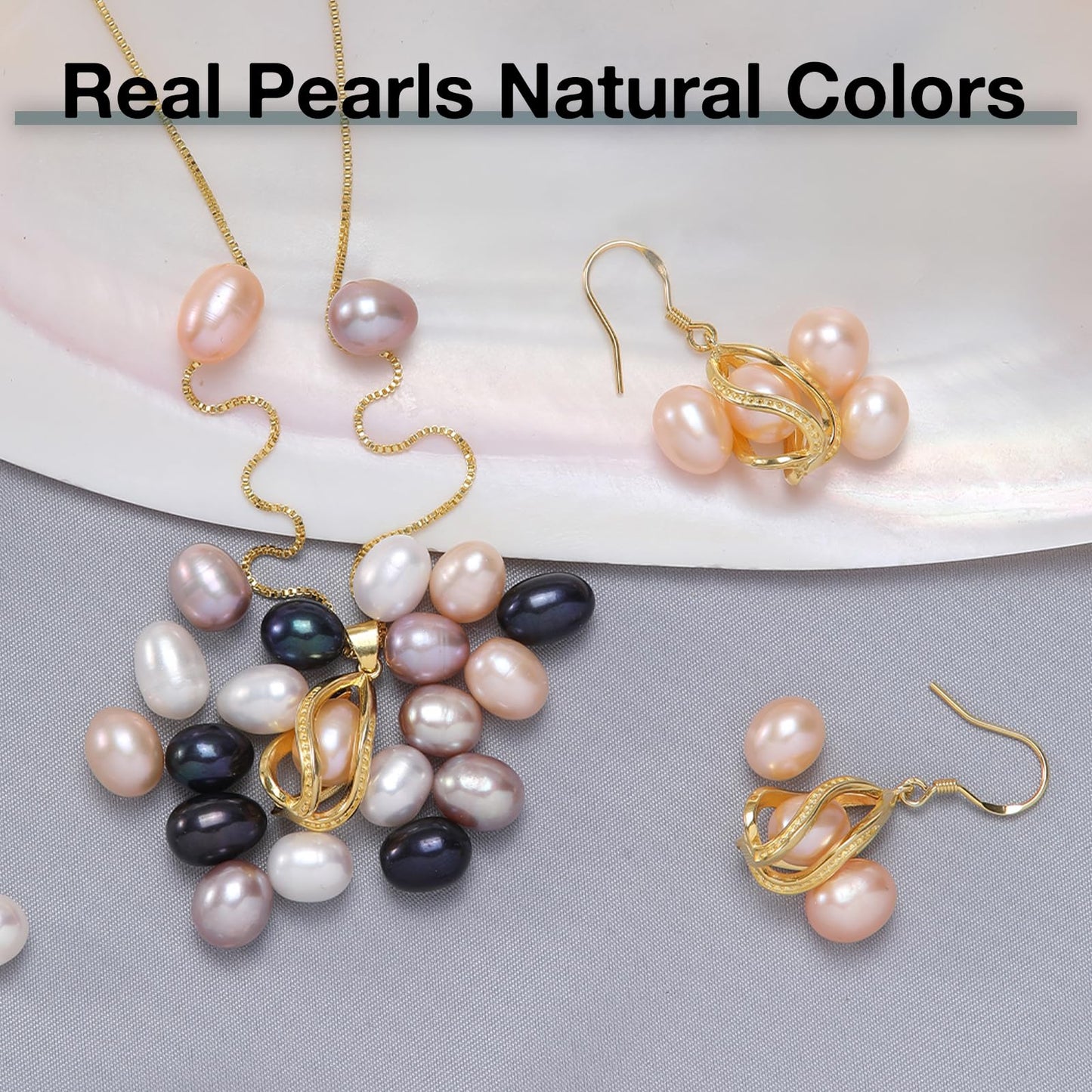 HENGSHENG Pearl Jewelry Set For Women 14K Gold Plated Necklace & Earrings Set Freshwater Pearl Pendant Cage Set for Wedding Anniversary Prom Birthday Gift - Golden Pink