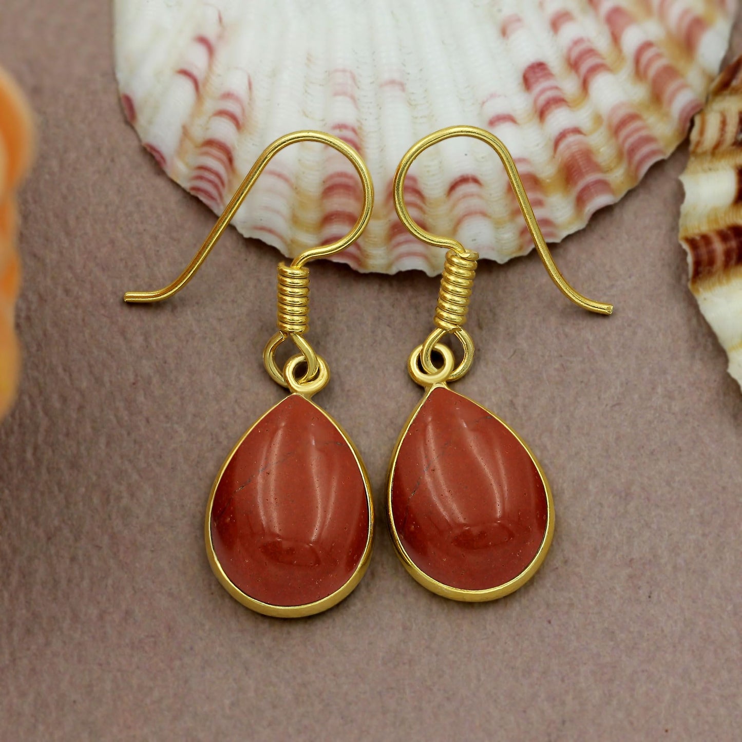 Natural Red Jasper 14K Yellow Gold Plated Dangle Earrings for Women - Red Gemstone Vintage Style Handmade Jewelry Statement Earrings - Gift for Her Mom Wife Sister