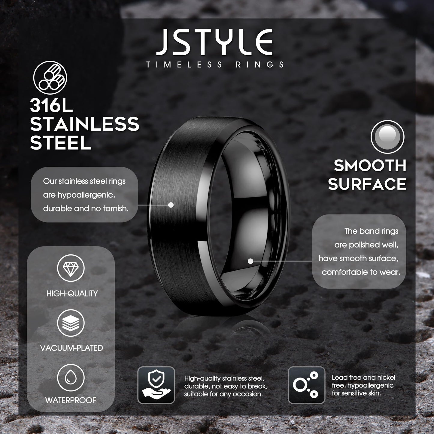 Jstyle Stainless Steel Rings for Men Women 8MM Wedding Band Rings Matte Surface - Beveled Polished Edge Mens Ring Size 7.5 Black Ring for Men