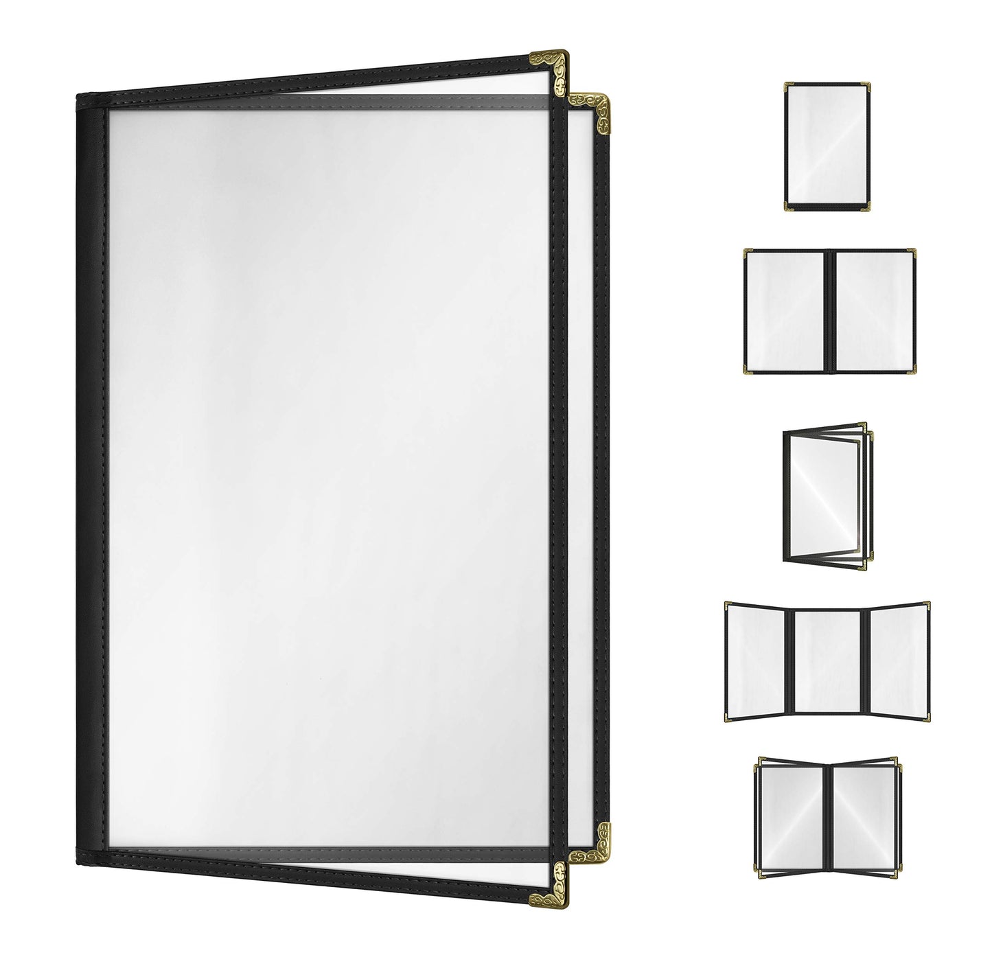 Goodsmart Restaurant Menu Covers – 25 Pack Black 4-View 8.5" x 14", Side-Loading Vinyl & Plastic Menu Holders, Clear Menu Sleeves, Leather-Style Café Covers with Gold Corners