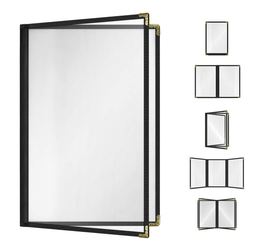 Goodsmart Restaurant Menu Covers – 25 Pack Black 4-View 8.5" x 14", Side-Loading Vinyl & Plastic Menu Holders, Clear Menu Sleeves, Leather-Style Café Covers with Gold Corners