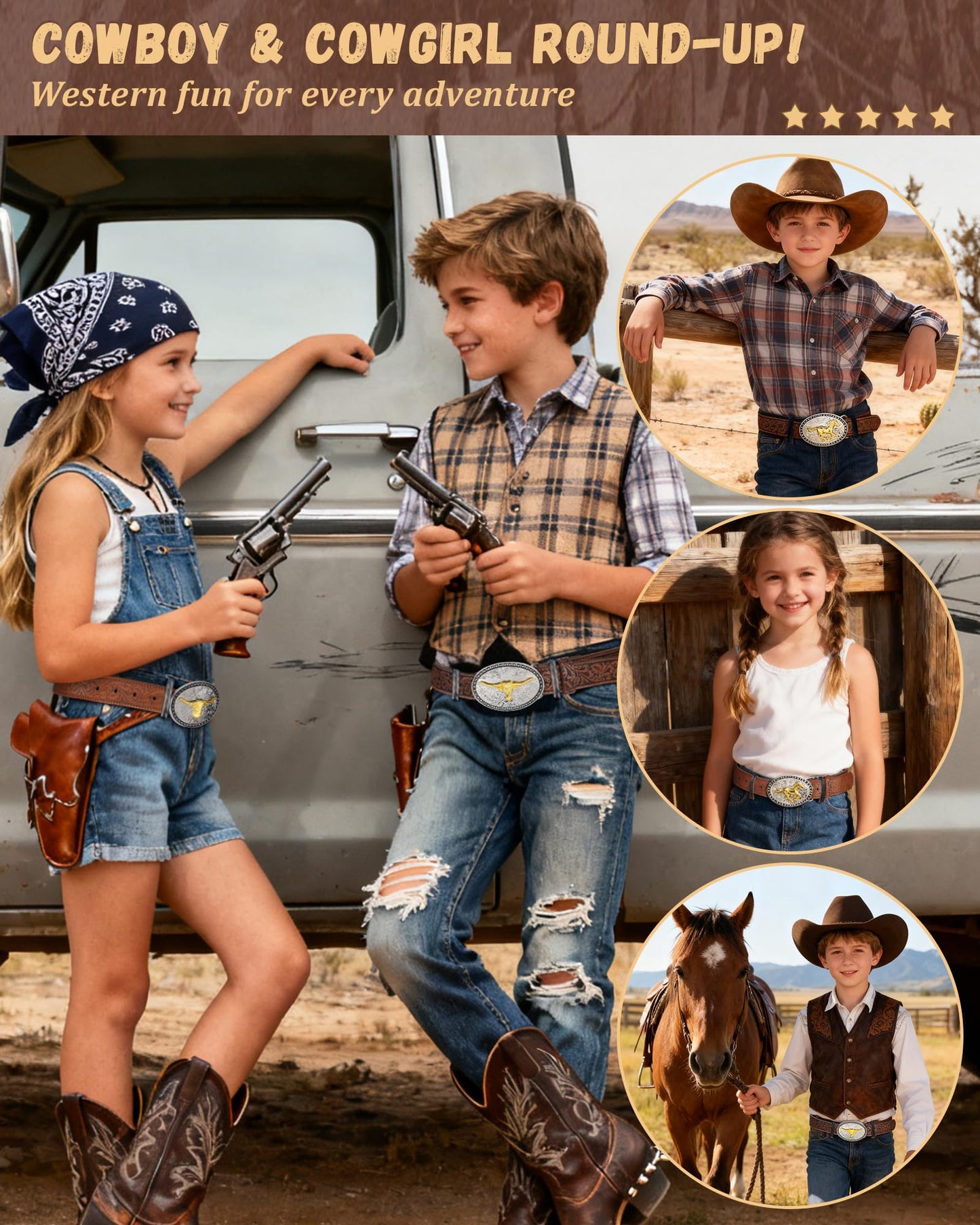 AWAYTR Kids Western Belt with Detachable Buckle - PU Leather, 3 Sizes (23"-34.5"), Adjustable for Daily Wear & Halloween (Horse Buckle-Dark Brown, Fit Waist: 23"-26")