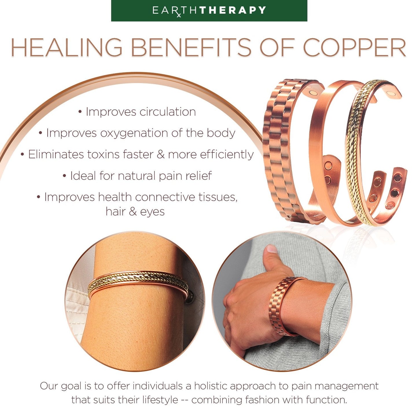 Earth Therapy Hammered Finish Pure Copper Magnetic Cuff Bracelet – Adjustable Sizing, Ultra-Strength for Men & Women