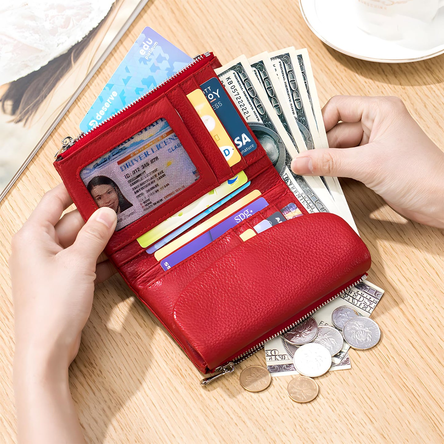 Unisex Pebble Leather Wallet, 5.3In Short Genuine Leather Coin Card Holder, Two zippered pockets, Unisex Clutch Bags, Can Hold Coins, Cards, Id Cards (Silver)