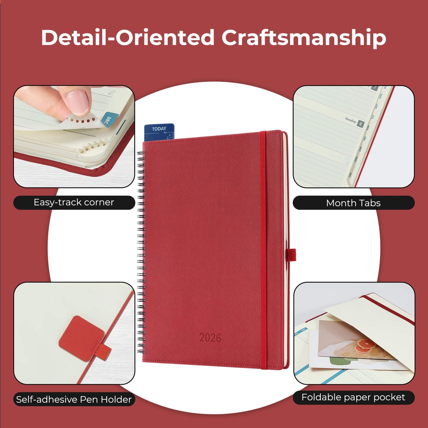IN-LUXPRO Planner 2026 Daily Weekly and Monthly,11.5"x8.5",12 Months Spiral Bound Calendar Agenda with Self-adhesive Pen Holder,2026 Appointment Book with Vegan Leather Soft Cover,Red