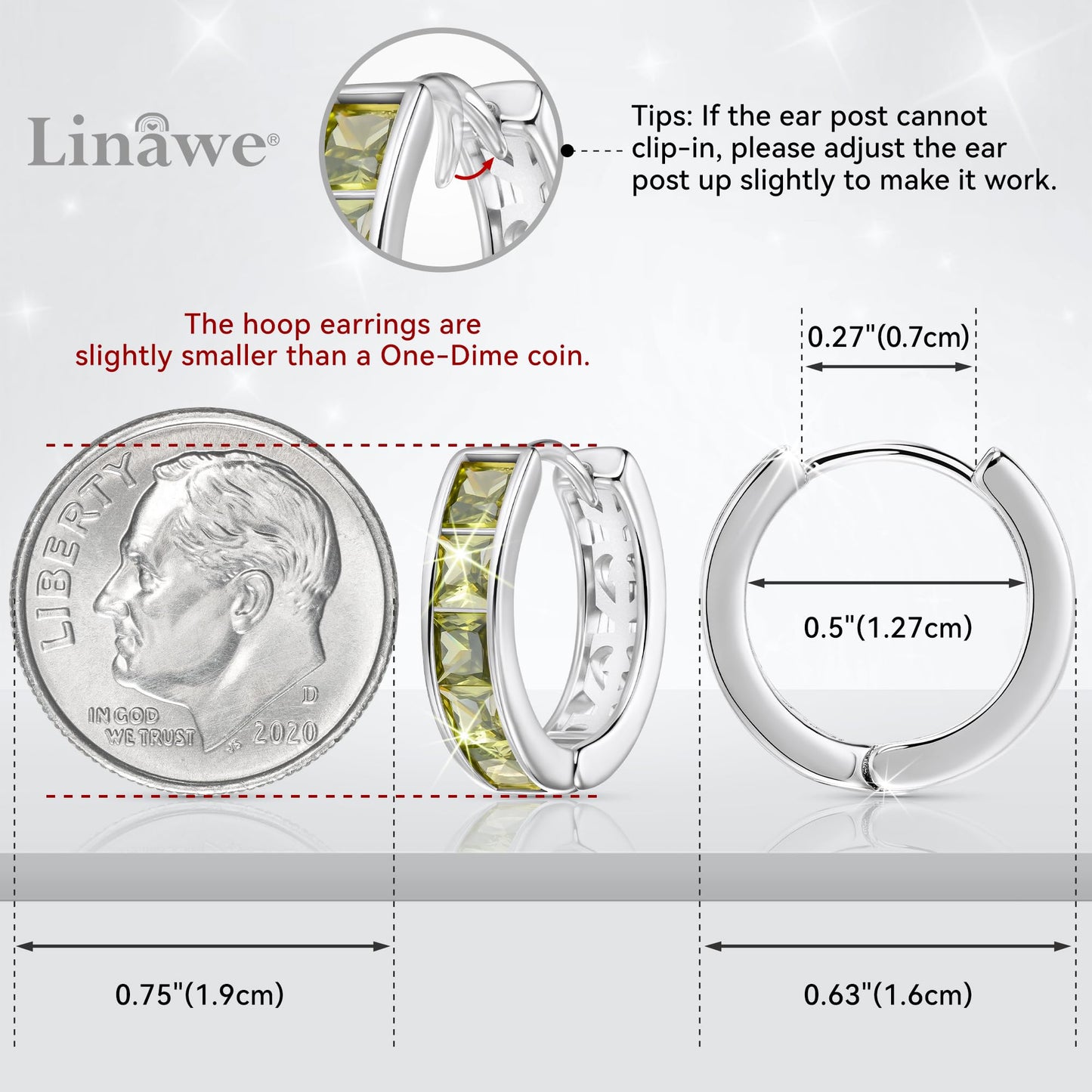 Linawe Silver Hoop Stud Earrings for Women, Peridot Green Huggie Earrings, Cubic Zirconia Earrings Studs, Helix Small Hoop Piercing Jewelry, Imitation Diamond Rhinestone Dainty Earrings