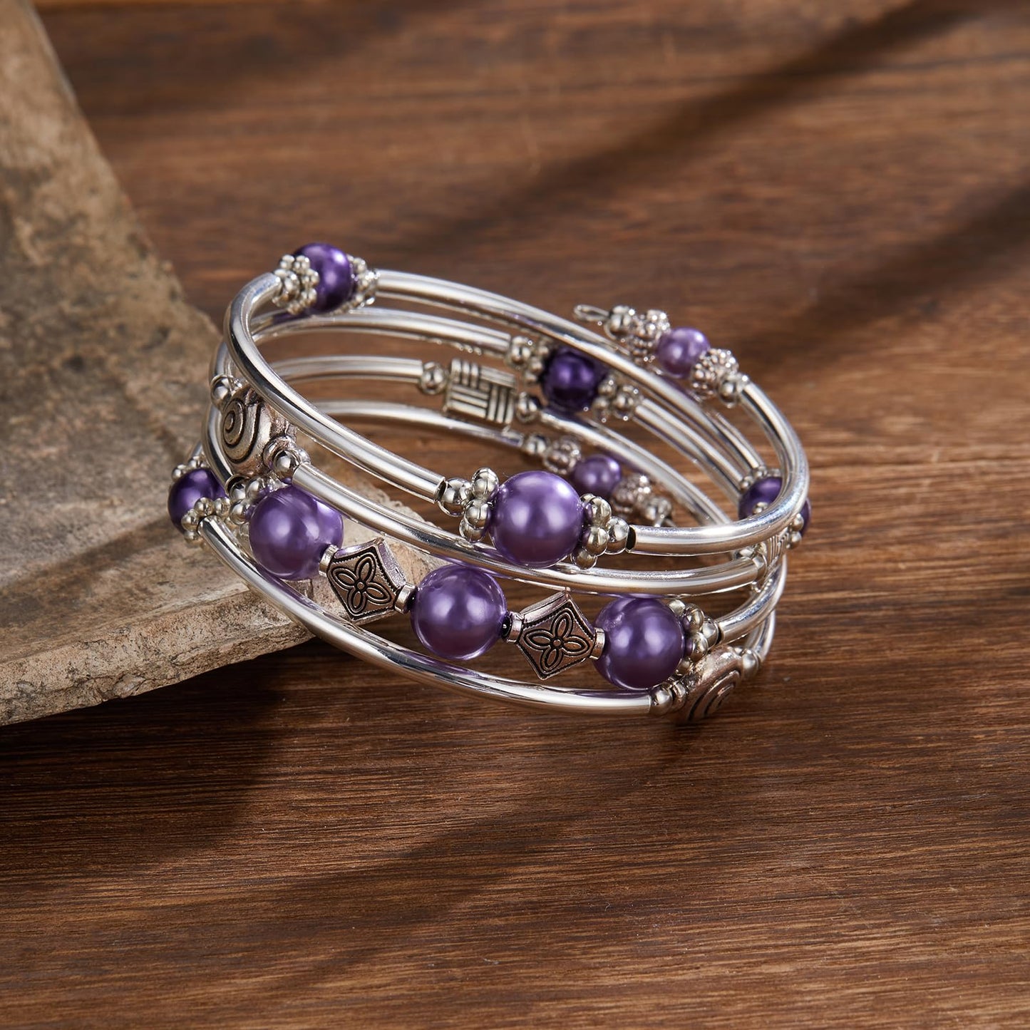 Beaded Pearl Bangle Wrap Bracelet - Fashion Bohemian Jewelry Multilayer Charm Bracelet with Thick Silver Metal Beads, Gift For Women(Purple pearl)