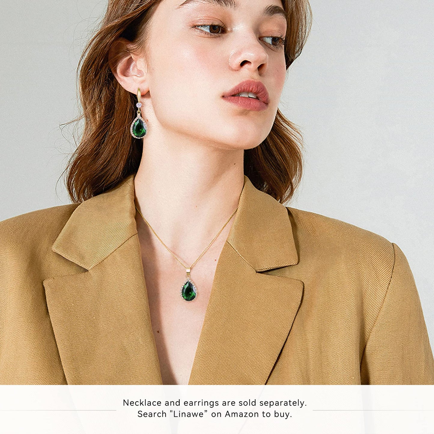 Linawe Emerald Green Earrings for Women Trendy, 14K Gold Imitation Diamond Rhinestone Cubic Zirconia Crystal Earrings, Teardrop Birthstone Lime Green Earrings, Wedding Jewelry Set