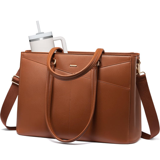 LOVEVOOK Laptop Tote Bag for Women 15.6 Inch Leather Work Bags with Large Cup Holder for Teacher Work Business,Brown