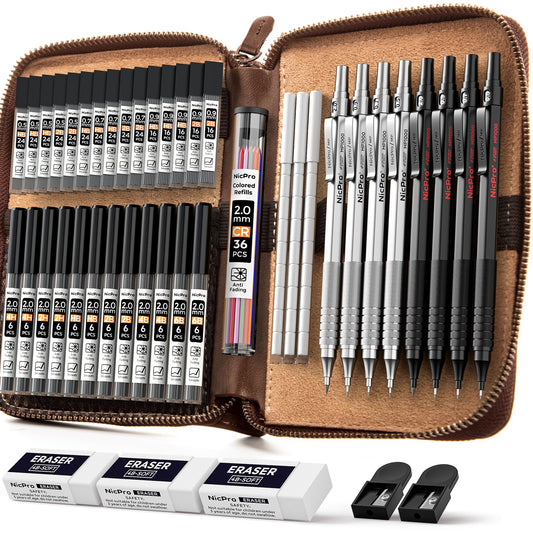 Nicpro 45PCS Black & Silver Metal Mechanical Pencil Set in Leather Case, Art Drafting Pencil 0.5, 0.7, 0.9 mm, 2mm Lead Holders for Sketching Drawing With 27 Tube (6B 4B 2B HB 2H 4H Colors)Lead Refill