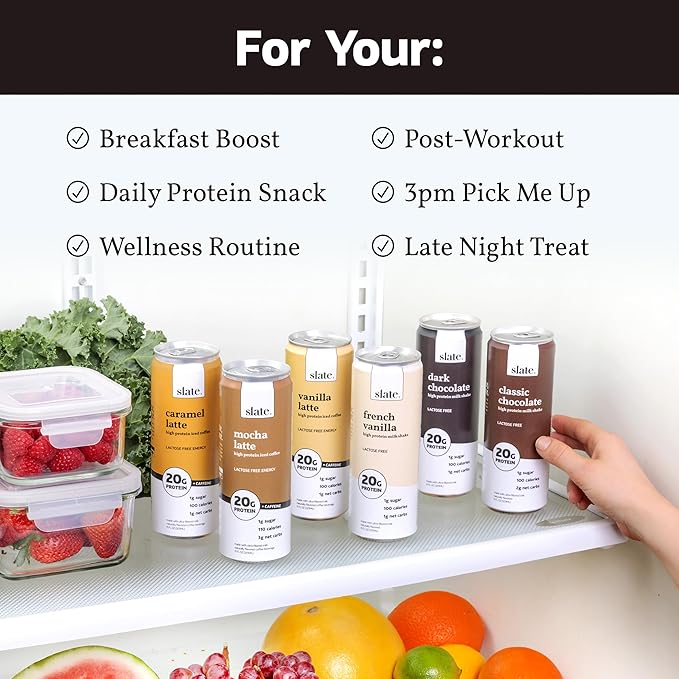 Slate Milk - High Protein Milk Shake - Dark Chocolate - Lactose Free, 20g Protein, 1g Sugar, 100 Calories, 1g Net Carbs, No Added Sugar - Natural, Breakfast Boost, Post Workout - 11 fl oz, 24 Cans