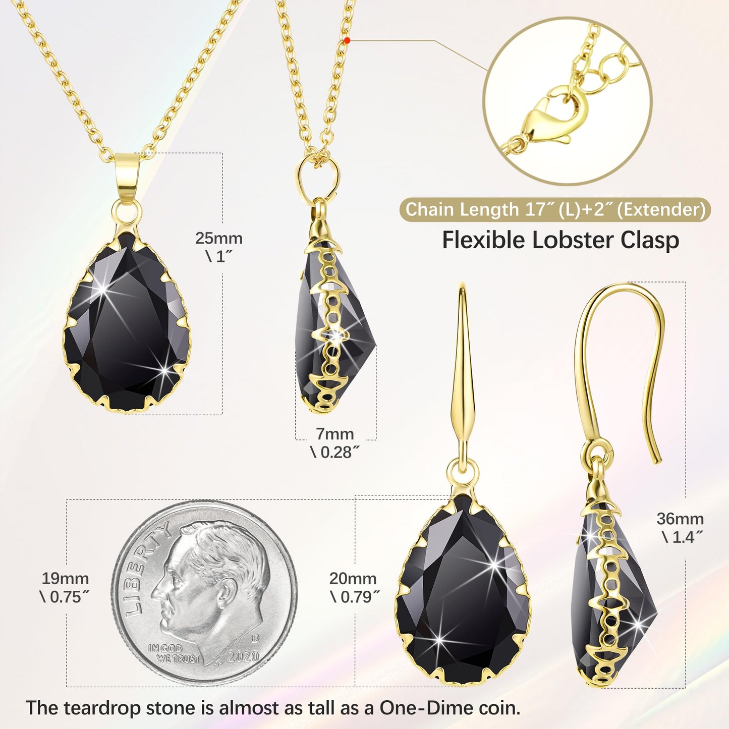 Linawe Gothic Black Jewelry Sets for Women, Crystal Necklace Set Gold Earring Set Pendant Drop Earrings Imitation Diamond Boho Rhinestone Wedding Jewelry Cubic Zirconia Birthstone