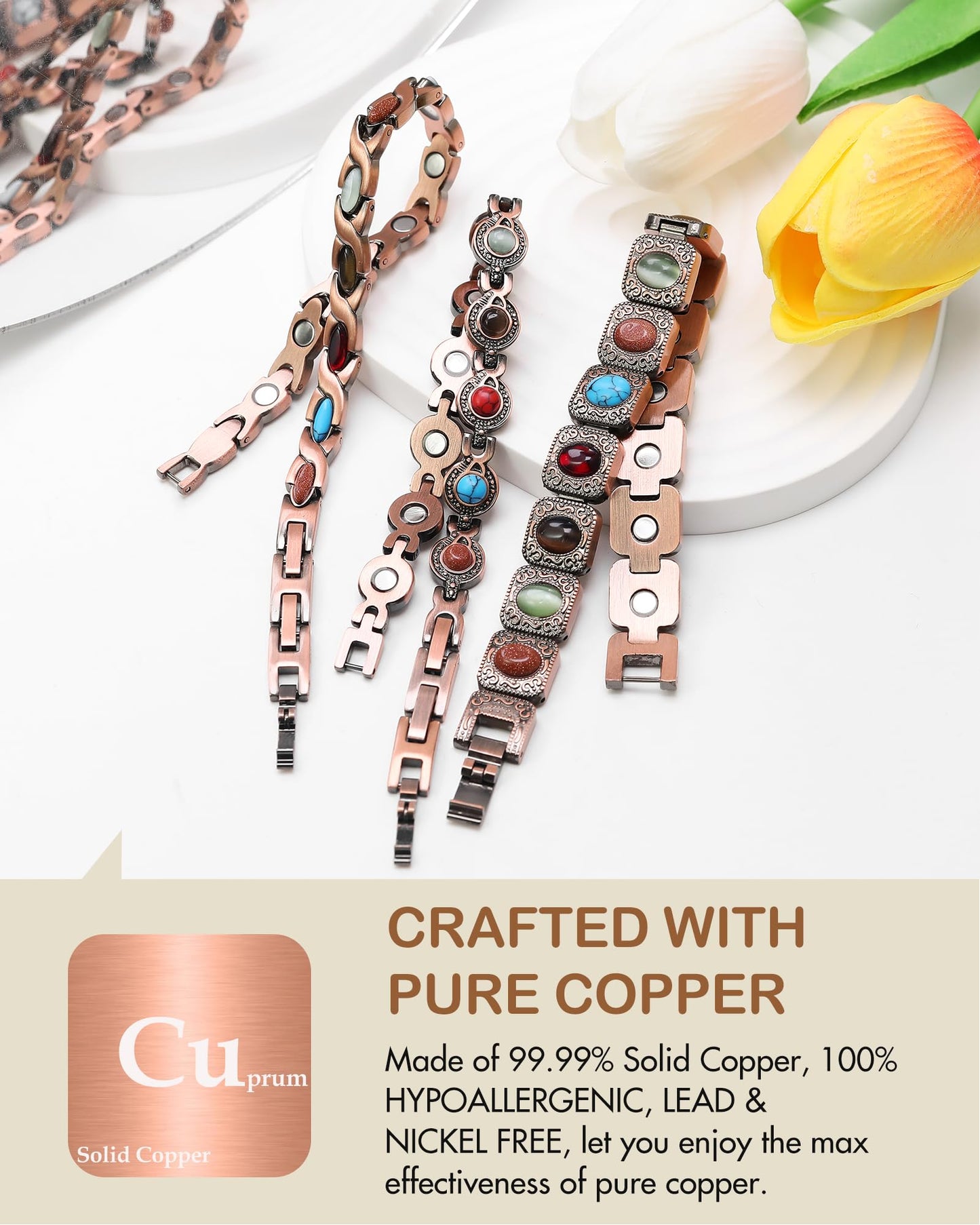 Feraco Pure Copper Bracelets for Women, Ultra Strength Magnetic Bracelet with 3800 Gauss Magnets & Natural Turquoise & Stones, Adjustable, Jewelry Gift (Circular)