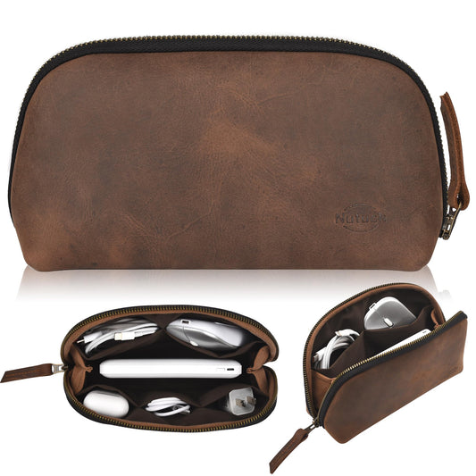 NUTUCH Leather Tech Pouch for Cables Chargers Phone | Tech Bag | Zipper Travel Accessory Pouch | Electronic Organizer Case Travel Bag (Vintage Dark Brown)