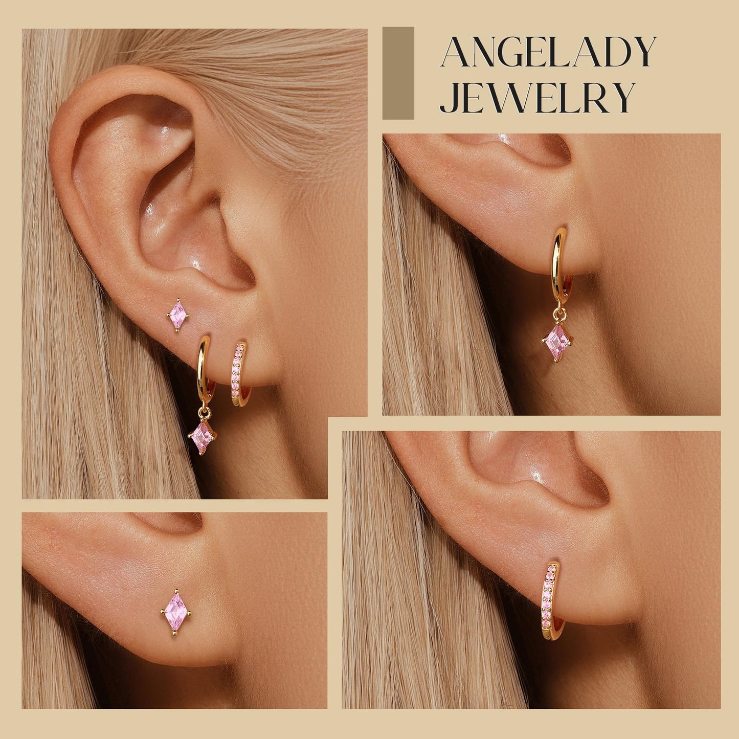 Gold Hoop Earrings Set for Women, Dainty 14K Gold Plated Pink Earrings, Hypoallergenic Trendy Small Earring Stacks Multiple Piercing, Huggies Hot Pink Dangle Earring Jewelry for Women
