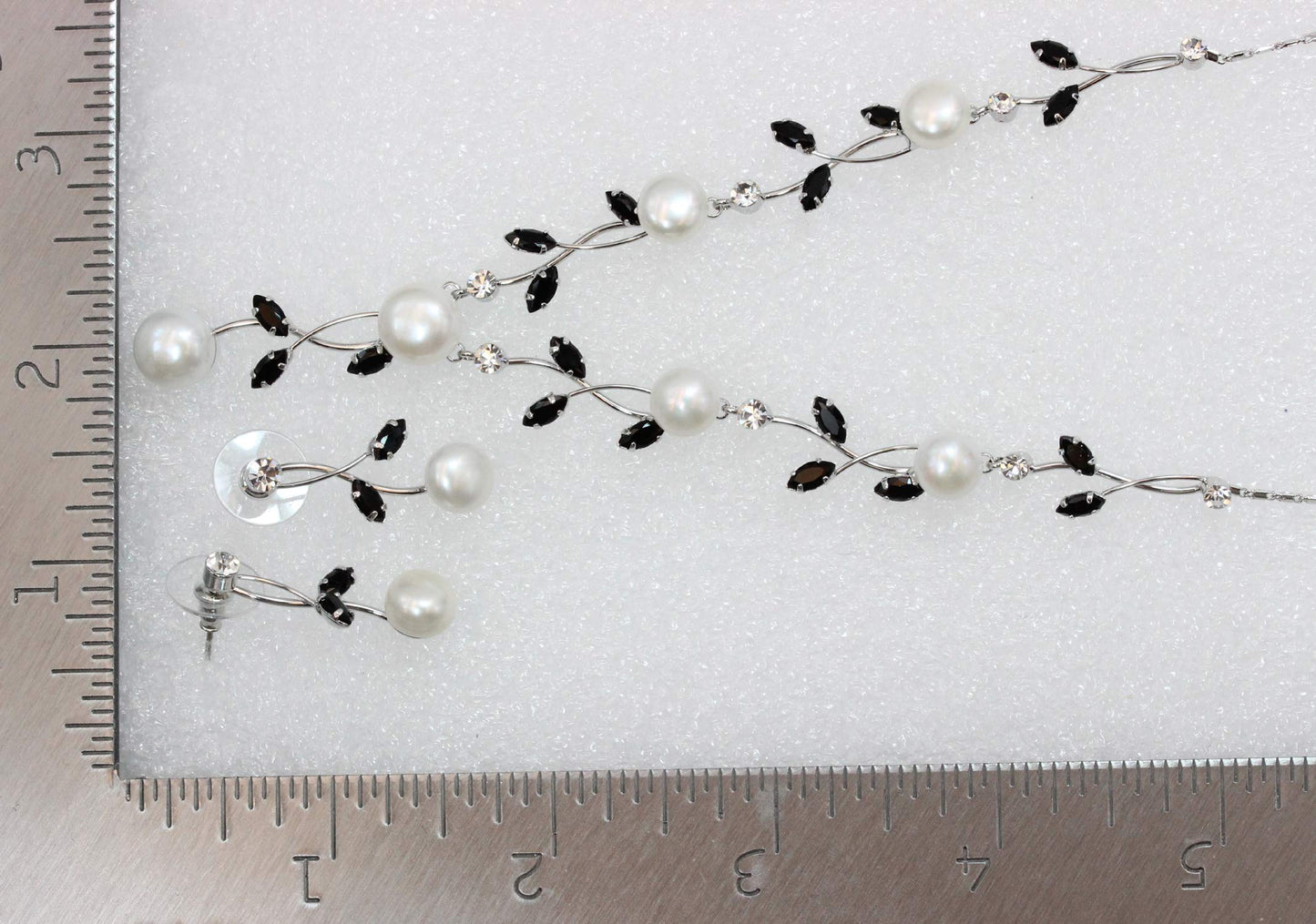 Faship Gorgeous Black CZ Crystal Genuine Freshwater Pearls Floral Necklace Earrings Set - Black