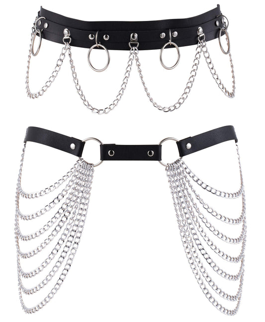 YOVORO 2PCS Punk Waist Belly Chain Belt for Women Leather Layered Body Chain Dance Pary Body Accessories Jewelry