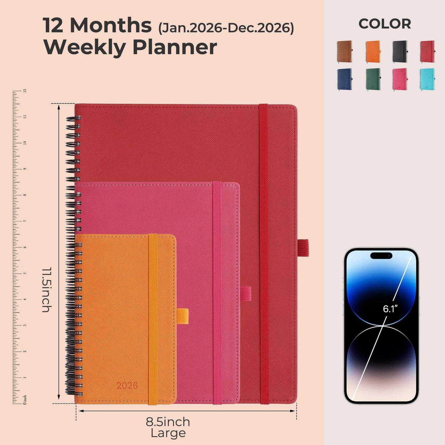 IN-LUXPRO Planner 2026 Daily Weekly and Monthly,11.5"x8.5",12 Months Spiral Bound Calendar Agenda with Self-adhesive Pen Holder,2026 Appointment Book with Vegan Leather Soft Cover,Red