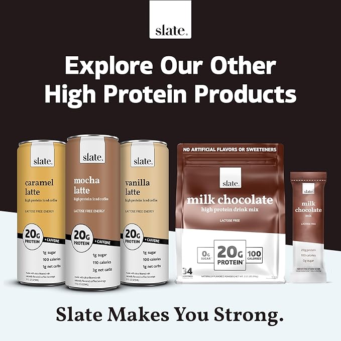 Slate Milk - High Protein Milk Shake - Dark Chocolate - Lactose Free, 20g Protein, 1g Sugar, 100 Calories, 1g Net Carbs, No Added Sugar - Natural, Breakfast Boost, Post Workout - 11 fl oz, 24 Cans