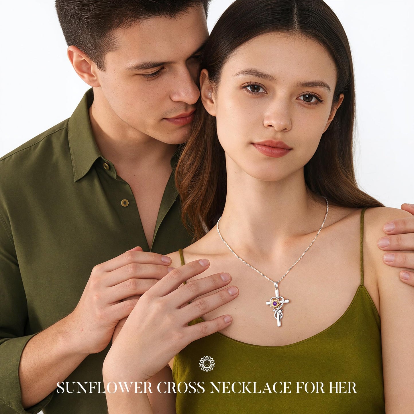 Iefil Valentines Necklace for Her - Jewelry Gifts | February Simulated Amethyst Jewelry, Sunflower Cross Necklace