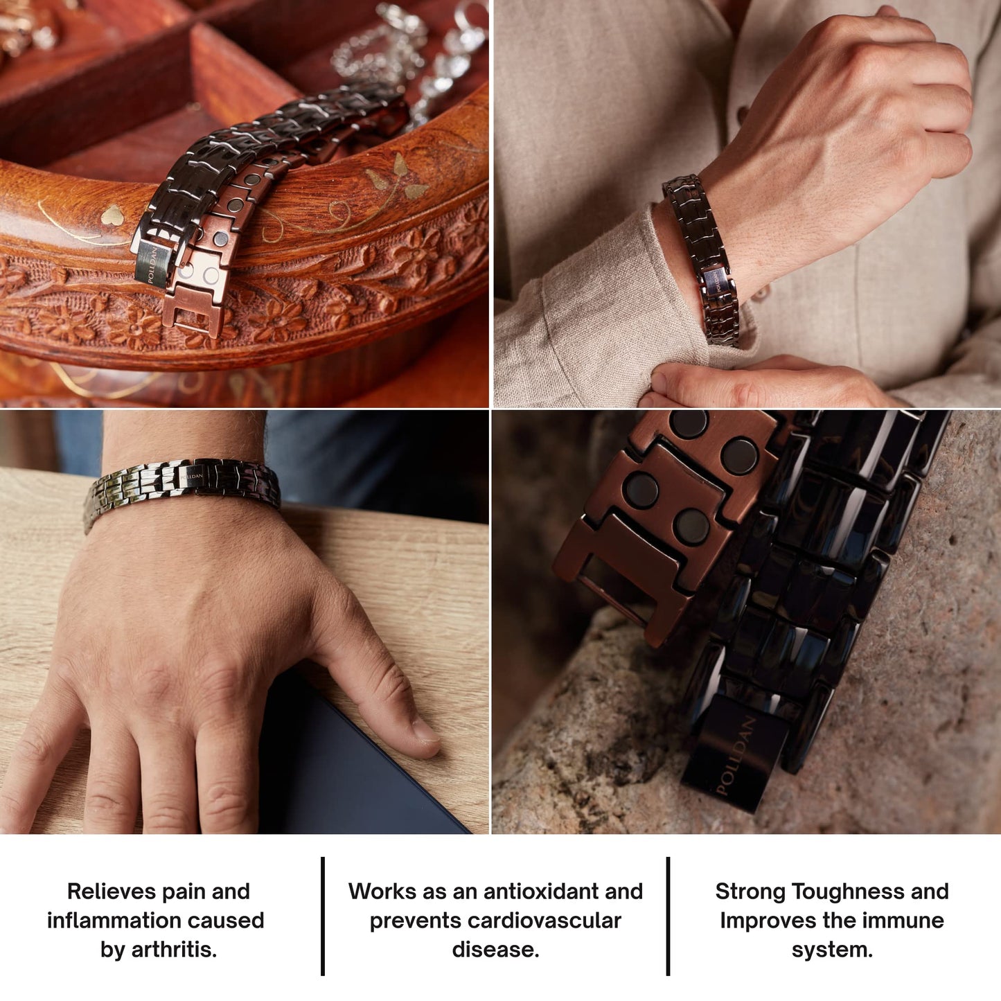 POLLDAN Copper Bracelet 6200 Gauss Power | Mens Bracelet 99.99% Pure Copper | Magnetic Bracelets for Men with Adjustable Fit & Sizing Tool | Stylish Jewelry | Magnet Gifts for Him (2X Black Copper)