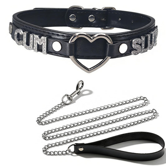 FAYERXL Black Choker Necklace Collar and Leash Set for Women,Gothic Punk Rave Cosplay Festival Leather Collar with Heart and Letter Naughty Jewelry (CU SL)