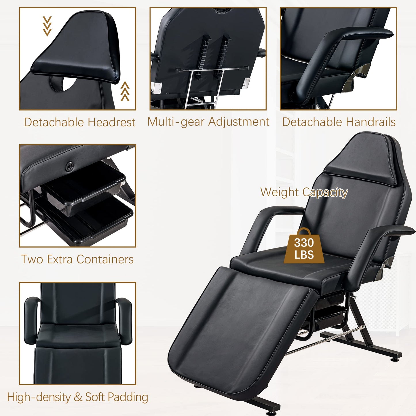 Anzios Massage Salon Tattoo Chair with Two Trays Esthetician Bed with Hydraulic Stool, Multi-Purpose 3-Section Facial Bed Table, Adjustable Beauty Barber Spa Beauty Equipment