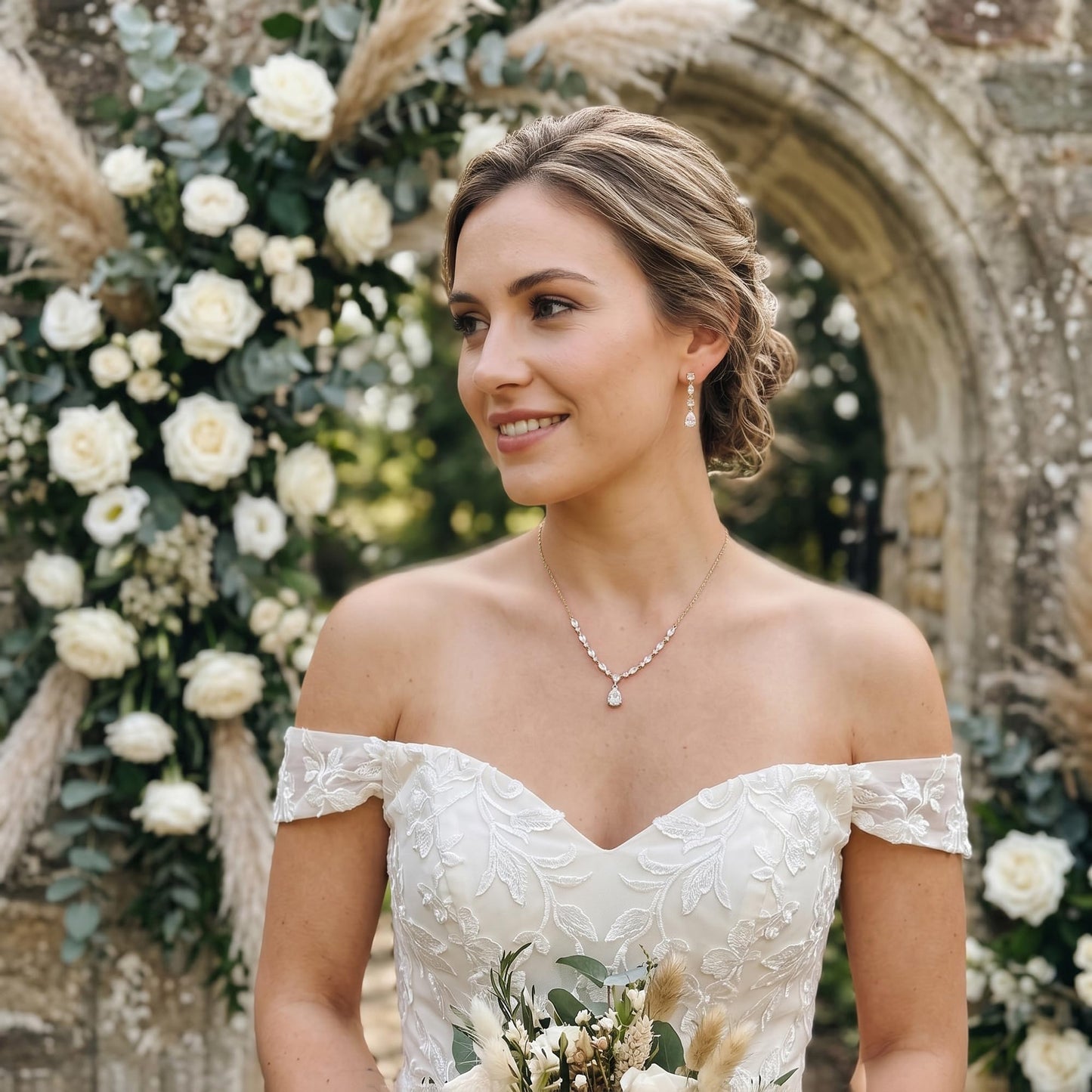 EVER FAITH Sparkly Cubic Zirconia Bridal Jewelry for Bride Bridesmaid, Elegant 14K Gold Plated Teardrop Wedding Prom Necklace Earrings Bracelet Set for Women