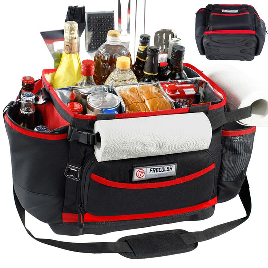 FRECOLSH Large BBQ Organizer with Molded Hard Base, Compatible with Blackstone Outdoor Utensil Bag for Camping, Picnic & Tailgating, Portable Cooking Accessories Tote, Gift for Men