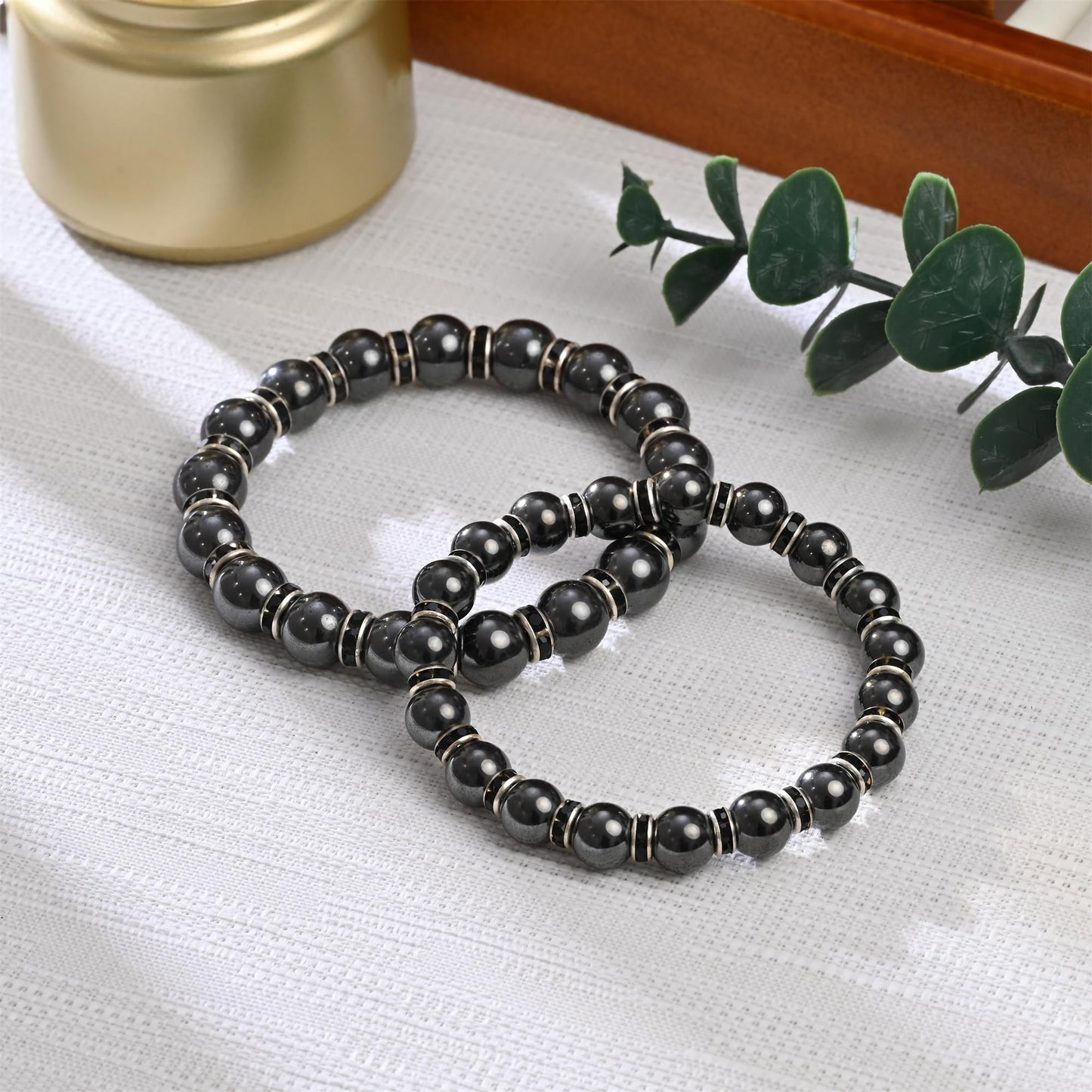 Apocalyptic-K Women's Magnetic Bracelet，Hematite Bracelets，Magnetic Bracelets With Zirconia,Handmade Stretch Bracelet，Eliminates static electricity. (6MM Black&8MM Zirconia)
