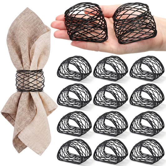 LemonRoad 12 Pcs Black Wedding Metal Napkin Rings Twisted Wire Mesh Napkin Holder Buckles Modern Boho Minimalist Semicircle Serviette Ring Rust Resistant Decorations for Cloth Napkins Dinner Banquet