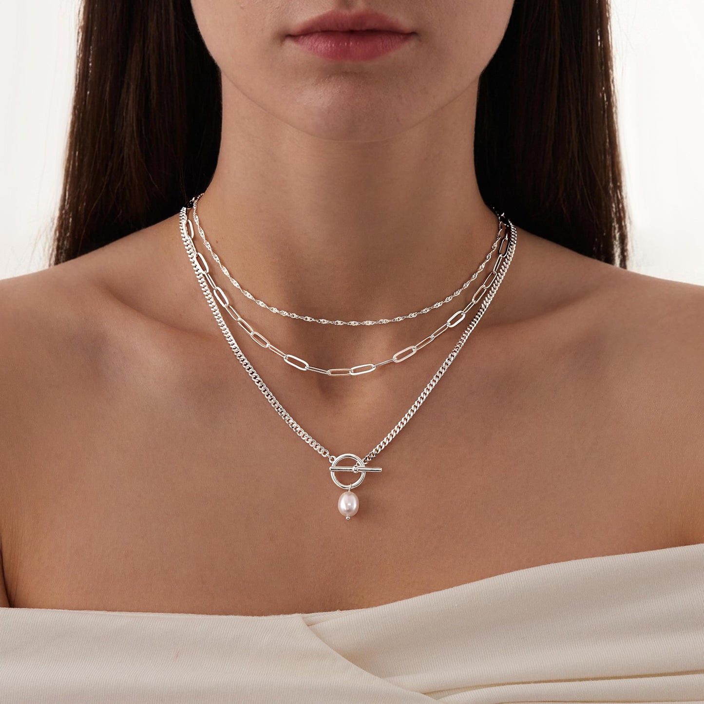 Layered Pearl Toggle Necklaces for Women Dainty Silver Plated Stack Trendy Choker Simple Paperclip Chain Pearl Pendant Toggle Necklace Jewelry Set Gifts for Women