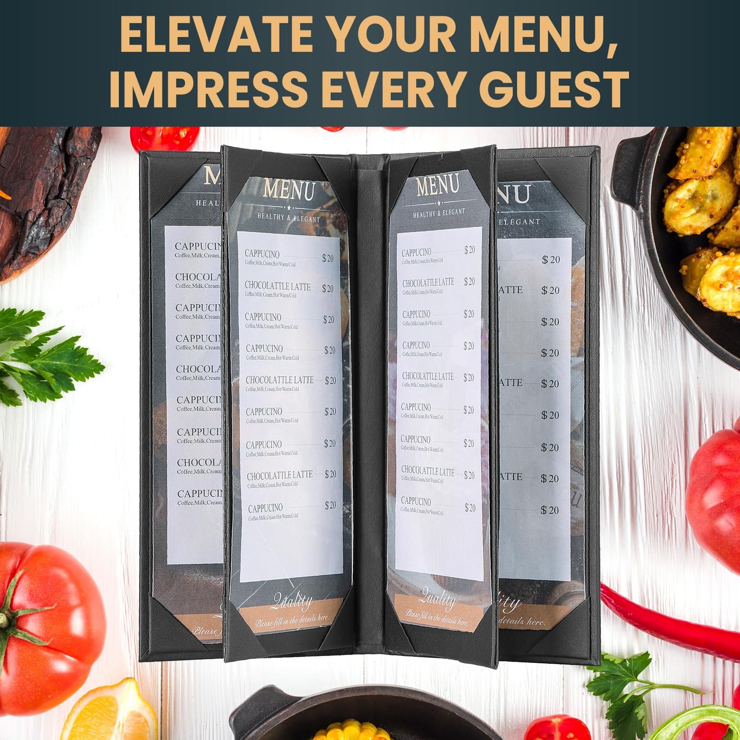 AMGSH Menu Holder Menu Covers 4.25" x 11" | 10 Pack Black Leather Menu Sleeves Book Style for Restaurant Coffee Bars Wine List (6 View, 10 Pack)