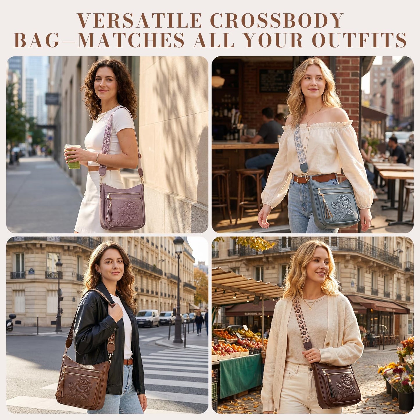 FORUWISH Crossbody Bags for Women, Vegan Leather Brown Crossbody Purse, Multiple Pocket Everyday Travel Shoulder Bag with Boho Strap