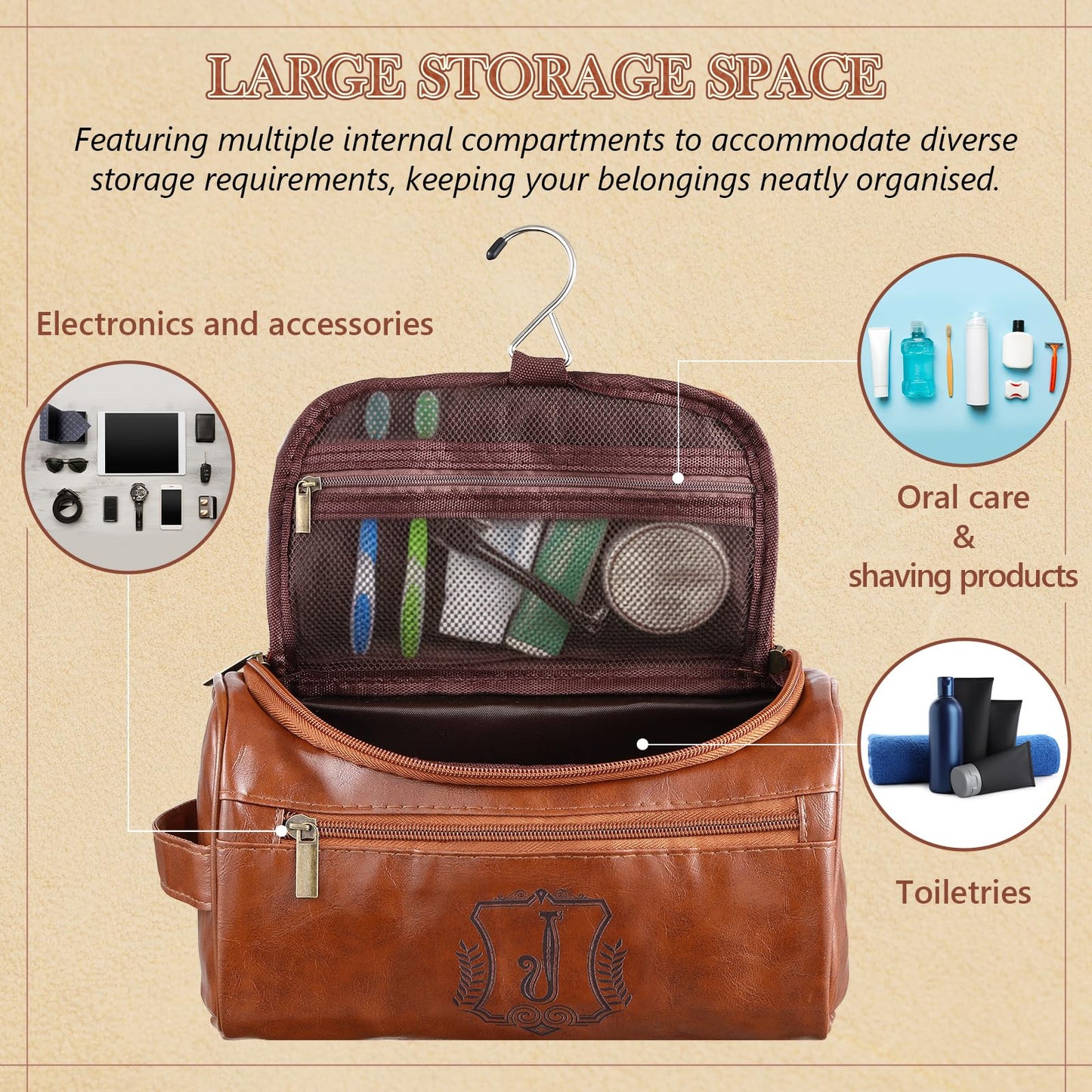 Sadnyy Father's Day Personalized Leather Toiletry Bag for Men Initial Travel Bag with Hook Monogrammed Toiletry Pouch Leather Travel Bathroom Kit with Side Handle for Anniversary Birthday Gifts(J)