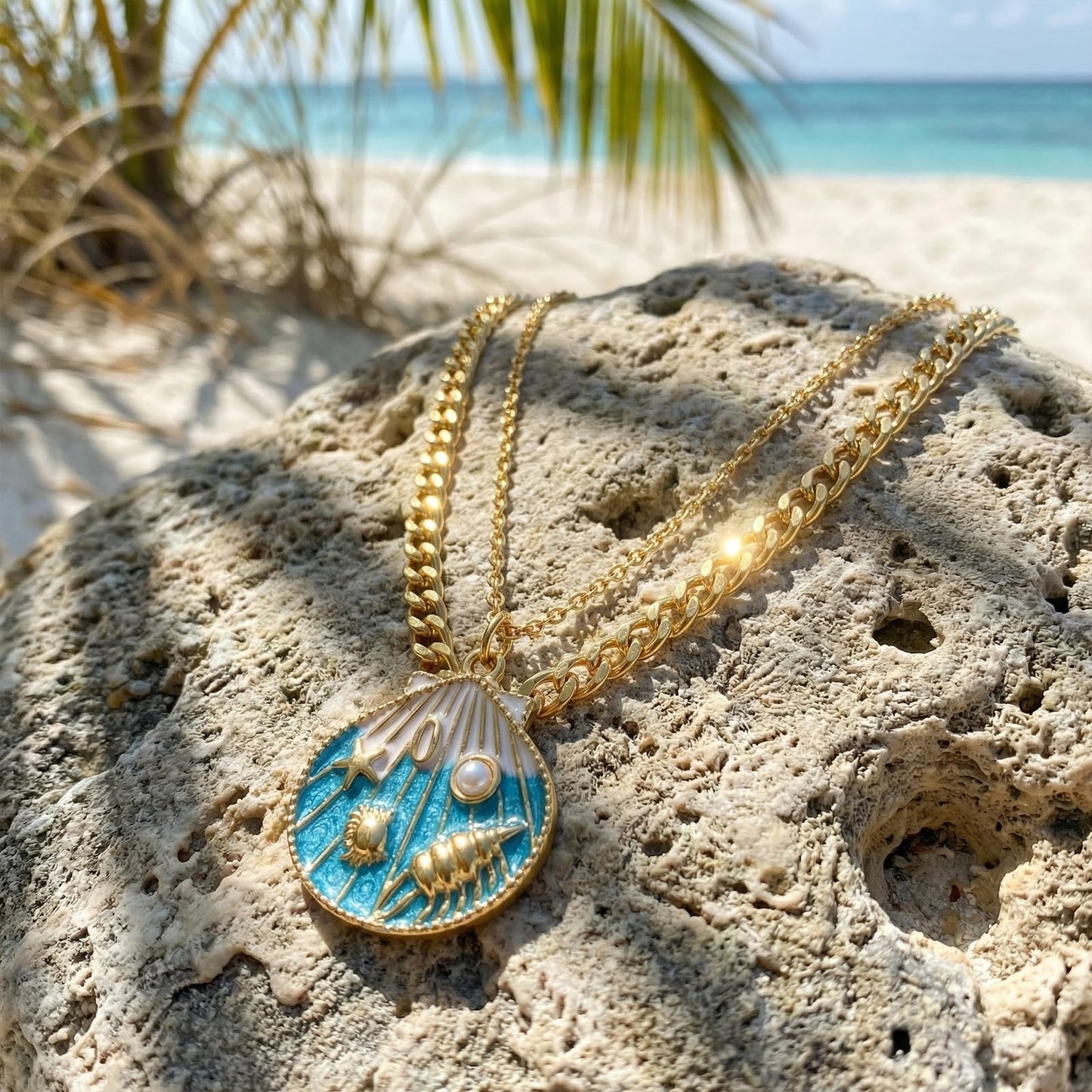 Gmai Double Layer 18K Gold-Plated Seashell Necklace,Enamel Ocean Pendant with Starfish,Crab & Faux Pearl 18in Adjustable Stainless Steel Chain for Women, Perfect for Summer Beach Party & Vacation (Gold, Animal)