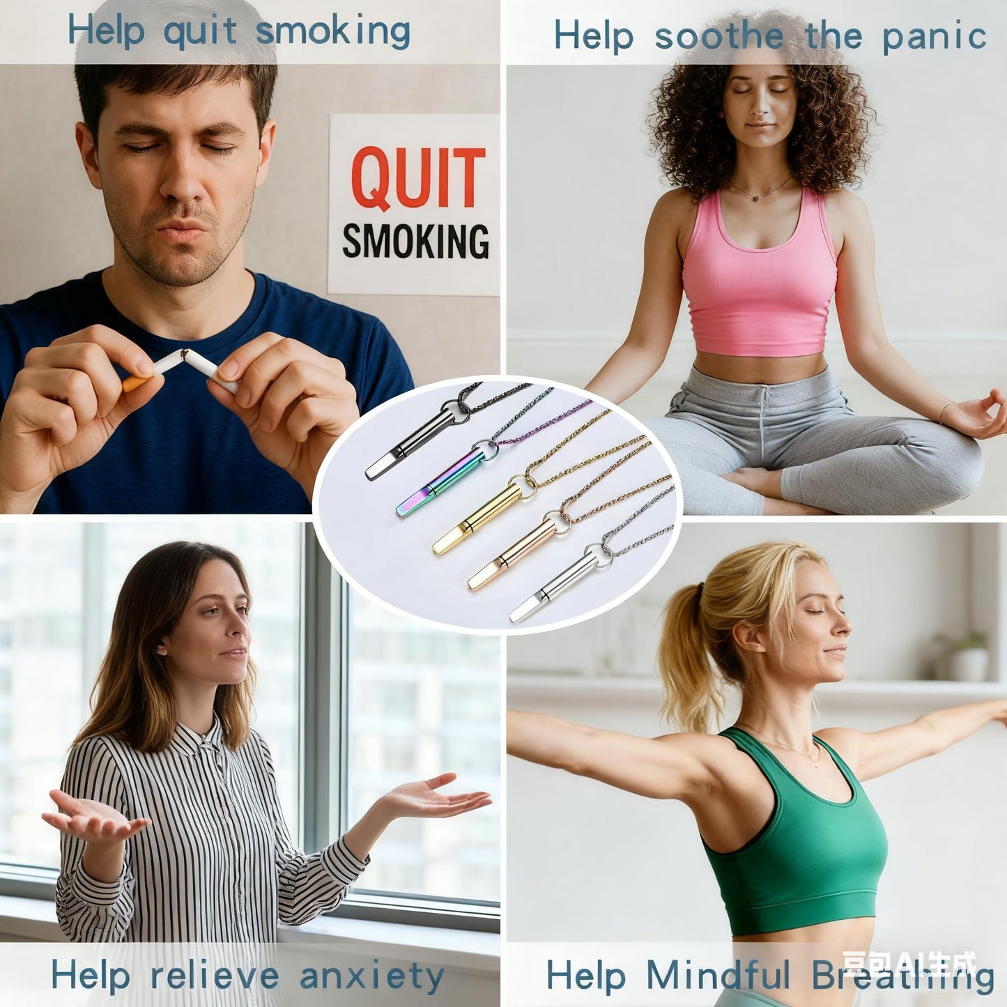 hooppoo Quit Smoking Necklace, Anxiety Relief Breathing Inhaler with Essential Oil Pad - Aromatherapy Diffuser Pendant for Smokers, Stainless Steel Necklace for Women & Men (Rainbow)