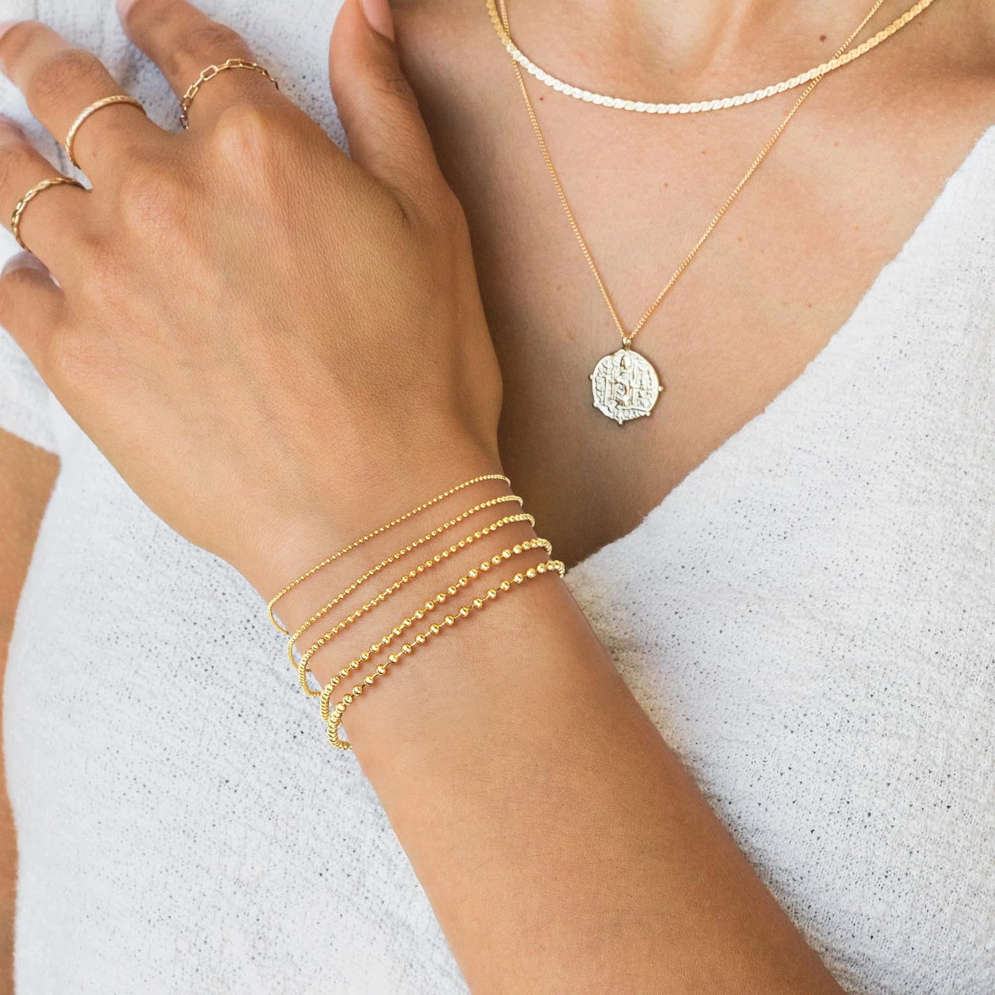 Poxtex Gold Plated Beaded Bracelets for Women No Tarnish Gold Plated Waterpoof Dainty Bracelets Set 7”+2” Adjustable Layered Bracelets for Women Trendy Stackable bracelets for Women Jewelry Gifts