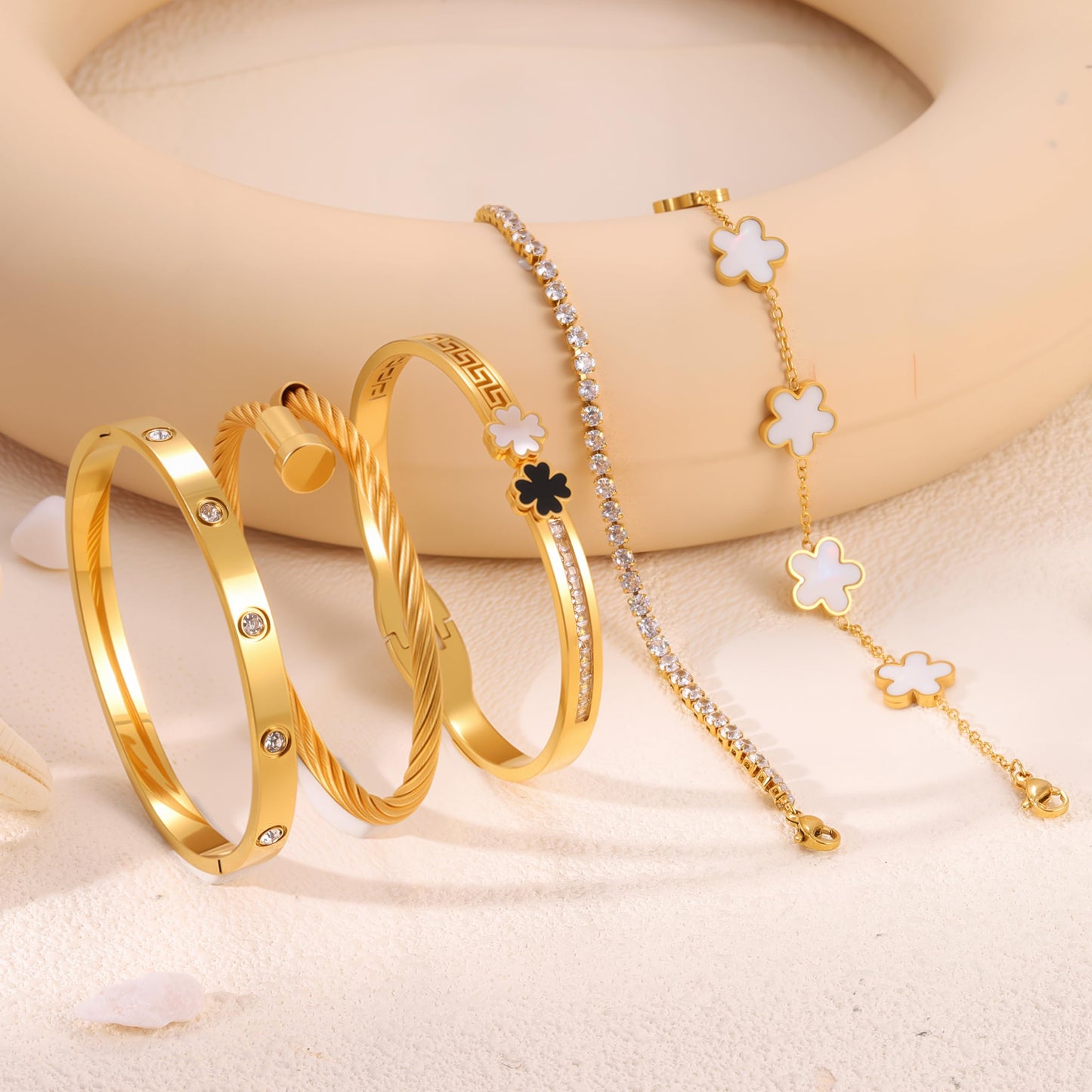 Camhanno 18K Gold Plated Bracelet Set for Women, Stainless Steel Bangle Set with Four Leaf Clover, Crystal Rhinestone Lucky Charm Jewelry, 5-Piece (White Clover Bracelet Collection)