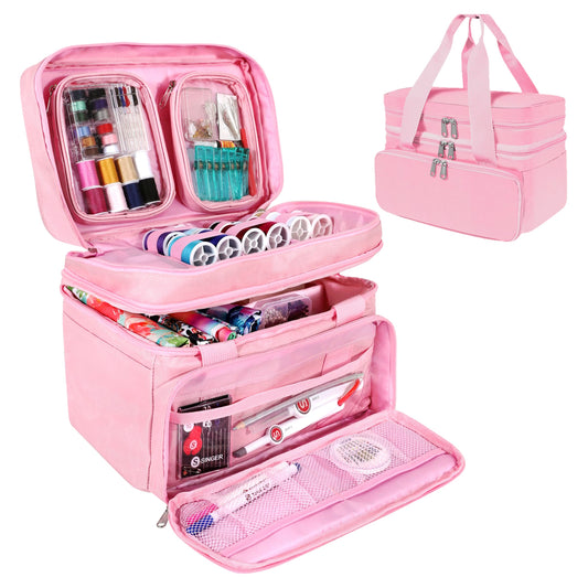 SINGER Sewing Accessories Organizer (Bag Only) – Double Layer Portable Sewing Storage Bag | 2 Detachable Pouches and 18 Compartments, Large Sewing Supplies & Crafting Carry-all (Pink)