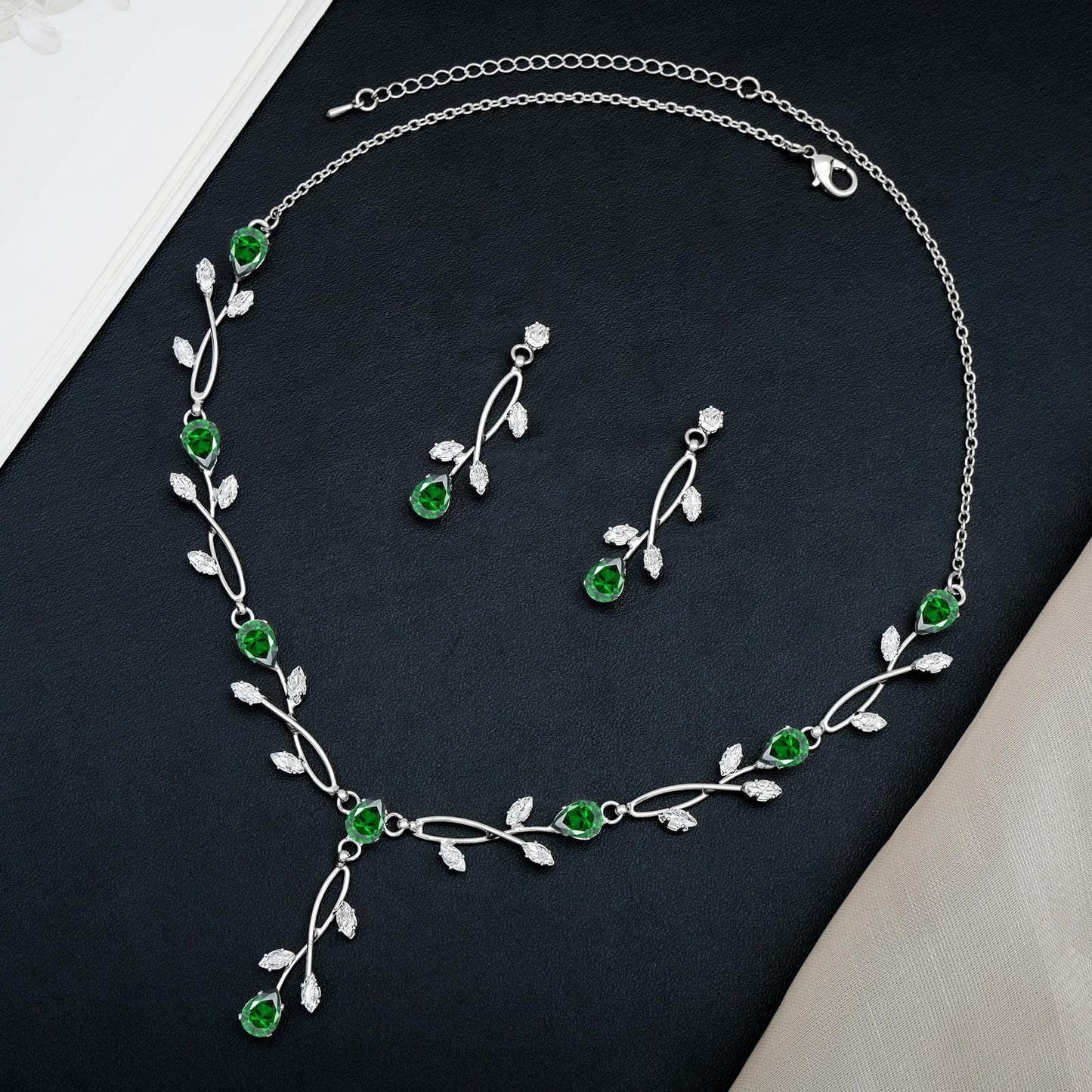 CSY Elegant Silver Bridal Jewelry Sets Clear Cubic Zirconia Wedding Necklace Earrings Bracelet Set for Birdes Bridesmaids CZ Prom Jewelry (Emerald Green)