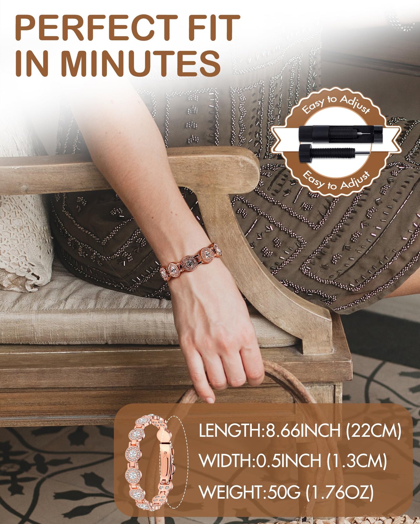 Feraco Pure Copper Bracelets for Women, 4X Ultra Strength Magnetic Bracelet with 3800 Gauss Neodymium Magnets & Dazzling Austrian Cut Crystals Stone, Adjustable Jewelry Gift (Sparkle Sphere - Rose Gold)