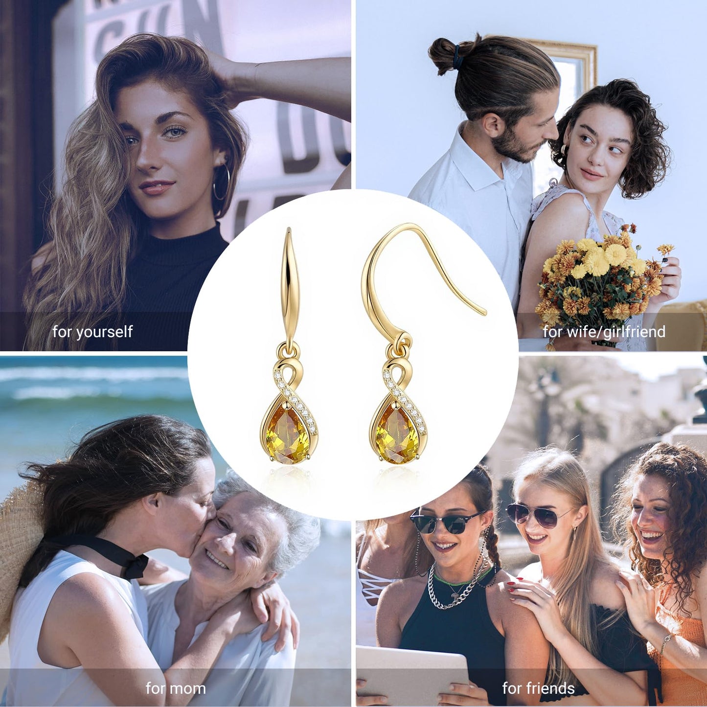 Infinity Birthstone Earrings 18K Gold Plated 925 Sterling Silver Teardrop Infinity Drop Dangle Earrings Citrine Jewelry Birthday Gifts for Women Her Mother Wife