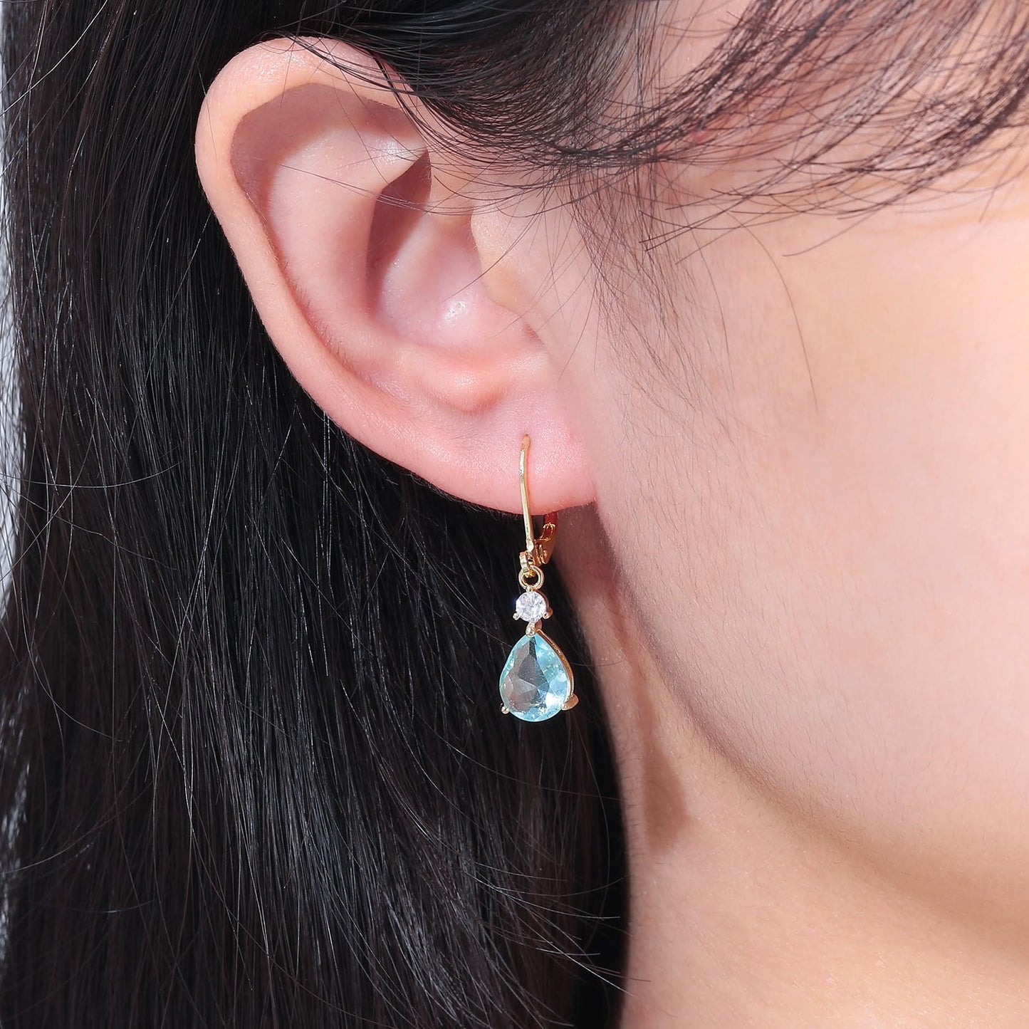 CiNily Leverback Dangle Earrings for Women 14K Gold Plated Drop Earrings Blue Cubic Zircon Fashion Teardrop Hoop Earrings Hypoallergenic Mothers Day Jewelry