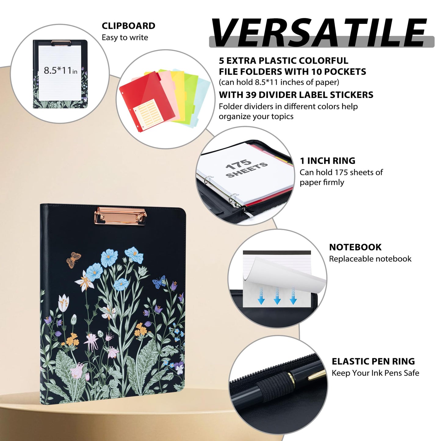Ospelelf Leather Clipboard with Storage, Zippered Padfolio Portfolio Organizer, 3 Ring Binder 1 Inch, Notepad, Tablet Sleeve, 5 Dividers with Pocket for Office,Students, Teachers Night Flowers