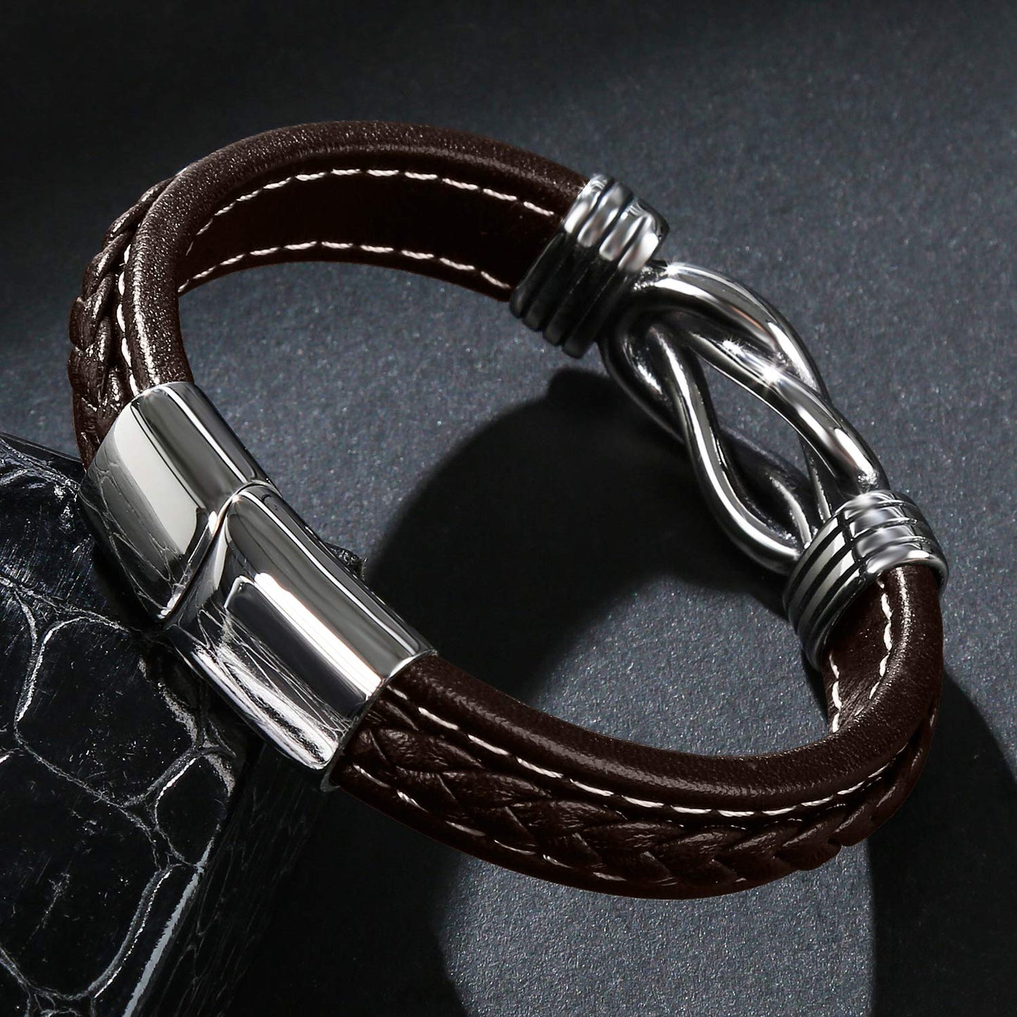 LJWVX Mens Leather Bracelet,Braided Leather Wristband Cuff Bracelets Stainless Steel Clasp,Jewellery Gift for Men Brown 8.5inch
