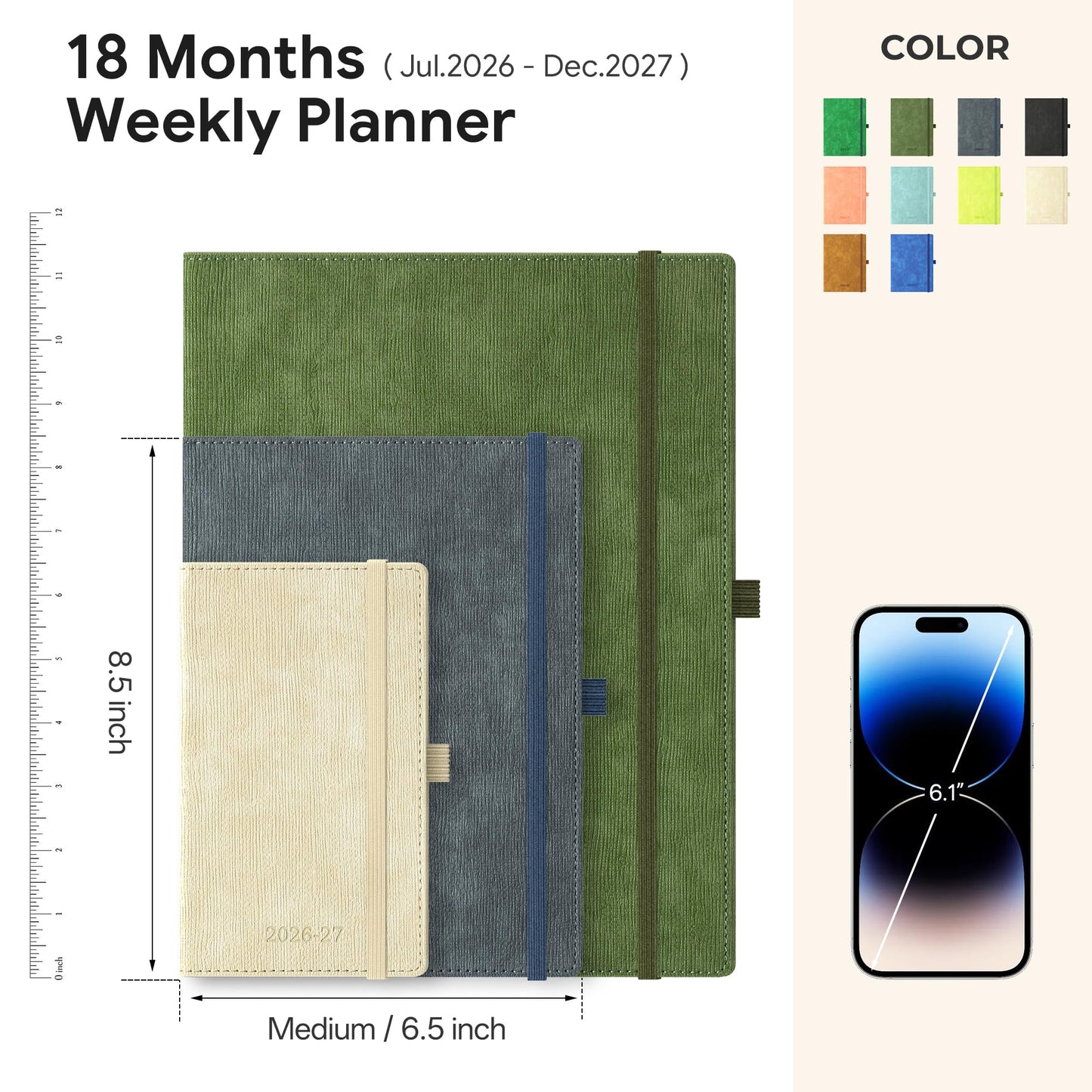 IN-LUXPRO 2026-2027 Weekly and Monthly Planner (July 2026–December 2027),6.5"x8.5",Vertical Layout,18 Months Agenda with Month Tabs & Pocket, Academic Calendar with Vegan Leather Cover,Charcoal Gray