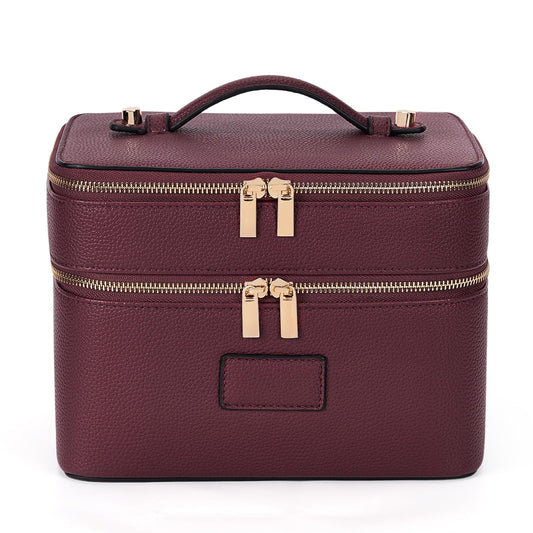 HiTotes Large Makeup Bag Duo Vanity Case for Women Leather Makeup Case Travel Toiletry Bag Portable Double Layer Cosmetic Bag